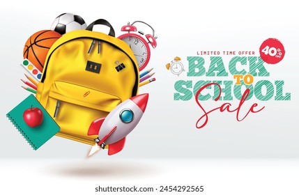 Back to school sale vector banner design. Back to school limited time offer text with 50% discount price for shopping educational supplies and items. Vector illustration school sale promo banner.
