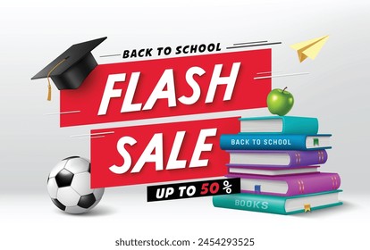 Back to school sale vector banner design. Back to school flash sale with 50% off discount offer for educational items and materials shopping promotion. Vector illustration school sale banner. 
