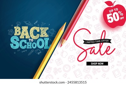 Back to school sale vector banner design. Back to school limited time offer text with 50% off discount price for educational supplies promo advertisement. Vector illustration school sale banner. 
