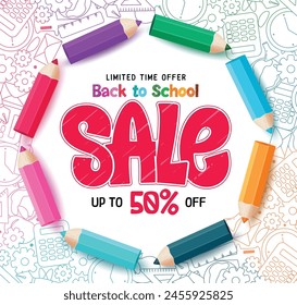 Back to school sale vector banner design. Back to school sale limited rime offer text with color pencil and crayons elements for educational promotion banner. Vector illustration school sale design. 
