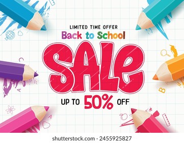 Back to school sale vector banner design. Back to school limited time offer text with colorful color pencil elements for shopping promotion background. Vector illustration school sale banner. 
