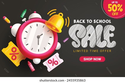 Back to school sale vector banner design. School sale text with alarm clock items elements for educational promotion discount banner. Vector illustration school sale promo advertisement. 
