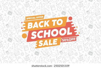 Back to school sale vector banner design. Back to school special  offer 50% off discount price for shopping educational supplies and items.