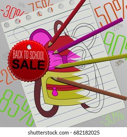Back to school sale vector banner or poster. Colorful illustration. Handdrawn fabric rucksack on yellow paper blank color pencil and shopping card. Promotion discount -50% 30% 90% 85% 90% 75% 20% red