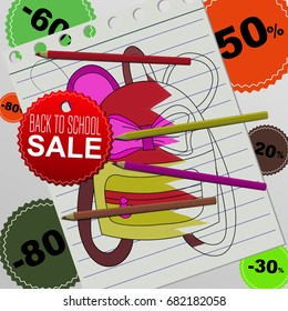 Back to school sale vector banner or poster. Colorful illustration. Handdrawn fabric rucksack on white paper blank color pencil and shopping card. Promotion discount -50% 30% 90% 85% 90% 75% 20% red