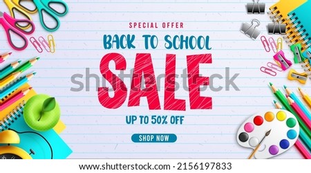 Back to school sale vector banner design. Back to school sale text in special offer discount with educational supplies element for education promo advertisement. Vector illustration.
