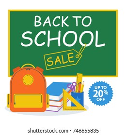 Back To School Sale Vector With Chalkboard and School Supplies Vector