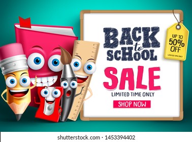 Back To School Sale With School Vector Characters. Education Items Mascots Happy Showing Whiteboard With Sale Promotion Text. Vector Illustration.
