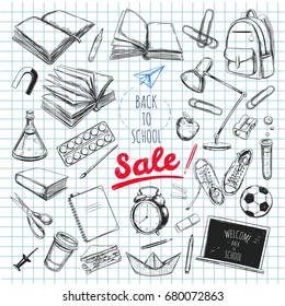 Back to school Sale vector collection. hand drawn elements. School supplies. Books, notebook, copybook, backpack, lamp, alarm clock, football, snickers, chalkboard, pencil, marker, eraser etc.