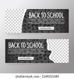 Back to school sale and vector design set of banners and background for invitation with black silhouette paperclip or paper clamp. Transparent space image and learn more button. Vector illustration