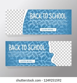 Back to school sale and vector design set of banners and background for invitation with blue silhouette round eraser for text pencil. Transparent space image and learn more button. Vector illustration