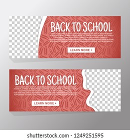 Back to school sale and vector design set of banners and background for invitation with red silhouette paperclip for paper file. Transparent space image and learn more button. Vector illustration