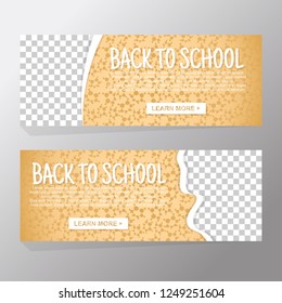 Back to school sale and vector design set of banners and background for invitation with orange silhouette atom for chemistry. Transparent space image and learn more button. Vector illustration