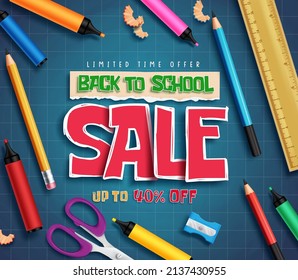 Back to school sale vector design. Back to school sale text in chalkboard with educational supplies promotion for discount education items advertisement. Vector illustration.
