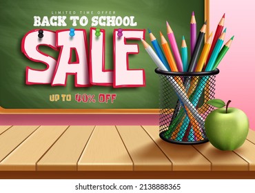 Back to school sale vector design. Back to school sale text in chalkboard with educational items promotion for education supplies shopping discount advertisement. Vector illustration.
