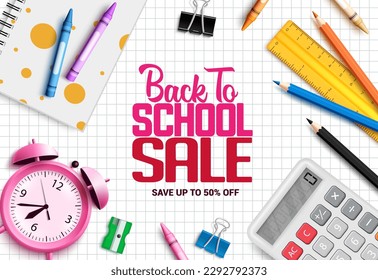 Volver a la venta escolar diseño de vectores. Volviendo a la venta escolar hasta un 50% de descuento por suministros a estudiantes. Venta educativa de ilustraciones vectoriales.