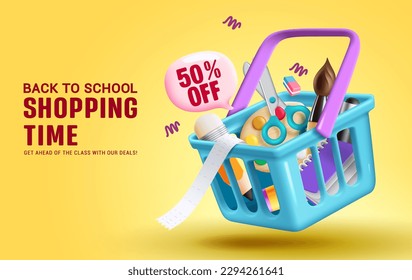 Back to school sale vector design. Back to school text with 50% discount offer and educational supplies in shopping basket elements. Vector illustration shopping advertisement in yellow background.