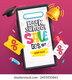 Diseño de Vector de venta de regreso a la escuela. Volver a la escuela educación en línea Elementos de teléfonos móviles para el Anuncio de promoción de compras educativas. Ilustración vectorial escuela venta Anuncio.
