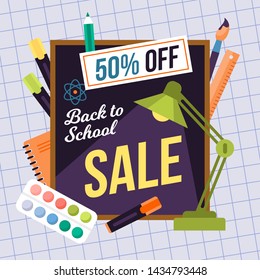 Back To School Sale Vector Illustration. Banner For Stationery Equipment Percentage Discounts. Education Supplies Advertising And Marketing Flyer For New College Semester. Sign With Colorful Text.