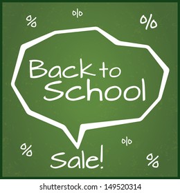 Back to school sale, vector illustration. Eps10. Written on blackboard with chalk. Speech Bubble. Grunge background with percent.