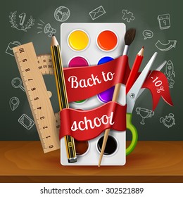 Back to school, sale,  vector illustration. Watercolors with ribbon , brush scissors, pencils, protractor, a pair of scissors cut the ribbon with the inscription discount.