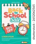 Back to school sale vector poster background with school elements and items. Education banner and poster. Template for advertising, web, social media. Vector Illustration