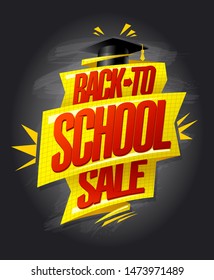 Back to school sale vector poster design with chalkboard, graduation cap and golden ribbon