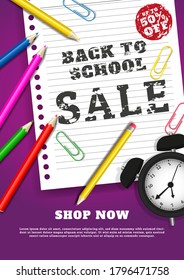 back to school sale vector poster and banner with school element design template. Colorful back to school for invitation, poster, banner, card, sale, promotion ect.
