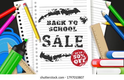 back to school sale vector poster and banner with school element design template. Colorful back to school for invitation, poster, banner, card, sale, promotion ect.