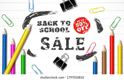 zurück zur Schule Verkauf Vektorplakat und Banner mit Schulelement-Design-Vorlage. Farbenfroh zurück zur Schule für Einladung, Poster, Banner, Karte, Verkauf, Promotion etc.