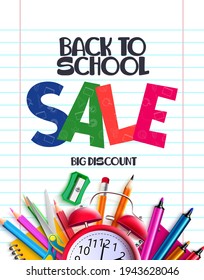 Volver a la venta escolar diseño de afiches vectoriales. Volviendo a la venta escolar, texto de gran descuento en el fondo de la hoja de papel blanco con suministros educativos para los artículos de educación promocional anuncio. Ilustración del vector
