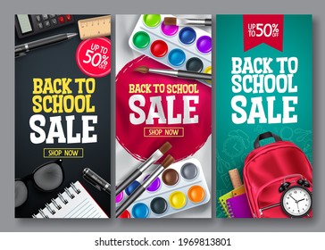 Back to school sale vector poster set. Back to school educational supplies promotion for advertising collection design. Vector illustration 