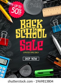 Back to school sale vector poster design. Back to school promotion text with 50% discount of educational supplies in black background . Vector illustration 