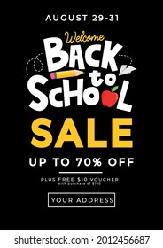 Back to school sale vector poster with educational supplies, lettering. Flat style yellow, black, white background for retail marketing promotion, banner, card etc. Trendy school shopping illustration