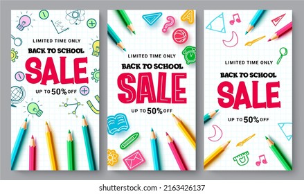 Back to school sale vector poster set design. Back to school sale text with color pencil and doodle elements for limited discount promo offer collection. Vector illustration.
