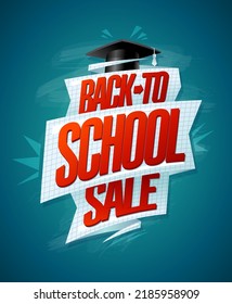 Back to school sale, vector poster or web banner design with graduation cap and ribbon