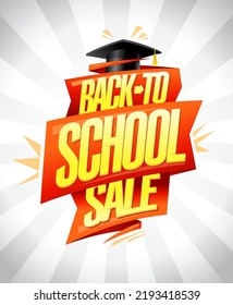 Back to school sale vector poster or web banner template with graduation cap and golden lettering
