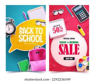 Volver a la venta escolar diseño de conjunto de afiches vectoriales. De vuelta a la promoción escolar con ofertas especiales de los estudiantes. Recogida de venta educativa de ilustraciones vectoriales. 