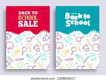 Back to school sale vector poster design. School promo discount text in doodle background. Vector illustration promotion collection design.