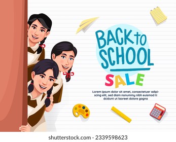 Back to school sale vector poster and banner. Indian Elementary Student Girls in school uniform, poster for retail marketing promotion and education related.