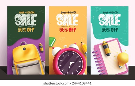 Back to school sale vector poster set design. Back to school special offer text with schoolbag, alarm clock and notebook educational supplies elements. Vector illustration school sale collection.
