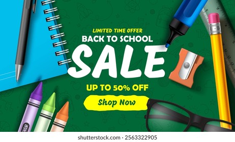 Back to school sale vector poster set. Welcome back to school greeting text. Back to school sale vector banner design. Back to school shopping promo discount offer text with pencil elements.