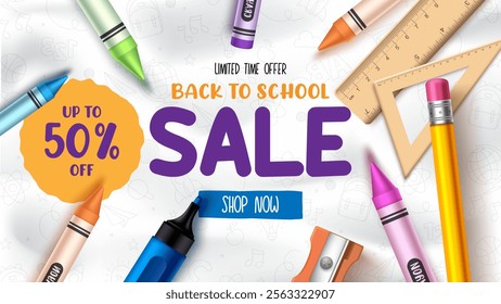 Back to school sale vector poster set. Welcome back to school greeting text. Back to school sale vector banner design. Back to school shopping promo discount offer text with pencil elements.