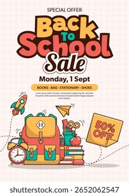 Back to school sale vector poster background with school elements and items. Education banner and poster. Template for advertising, web, social media. Vector Illustration