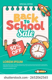 Back to school sale vector poster background with school elements and items. Education banner and poster. Template for advertising, web, social media. Vector Illustration
