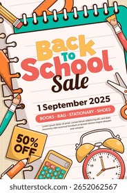 Back to school sale vector poster background with school elements and items. Education banner and poster. Template for advertising, web, social media. Vector Illustration