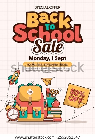 Back to school sale vector poster background with school elements and items. Education banner and poster. Template for advertising, web, social media. Vector Illustration
