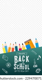 Back to school sale vector set of poster and banner with colorful title and elements in black and green background