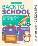 Back to school sale vector template background with school elements and items. Education banner and poster. Template for advertising, web, social media. Vector Illustration