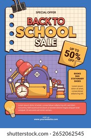 Voltar para fundo de modelo de vetor de venda de escola com elementos e itens de escola. Banner e cartaz educacional. Modelo para publicidade, web, mídia social. Ilustração de vetor